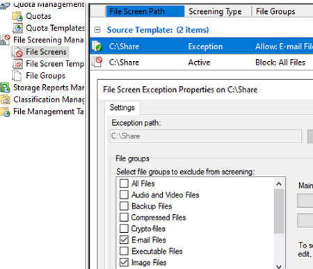 Block not allowed file types with FSRM 