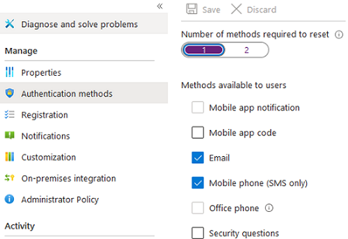 configure authentication methods for azure enable self-service password reset 