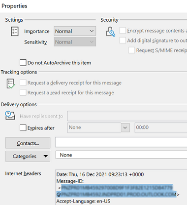 excnange message id in outlook internet headers