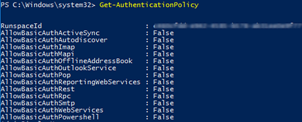 Get-AuthenticationPolicy - check basic authentication protocols allowed to use in office 365