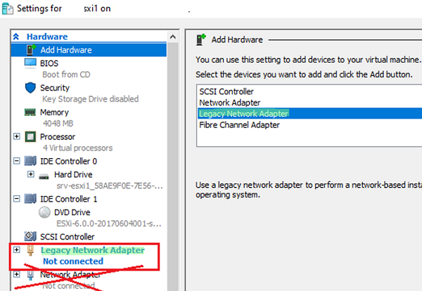 lagacy hyper-v network adapter for esxi VM