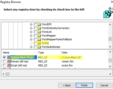 select font parameter in the registry