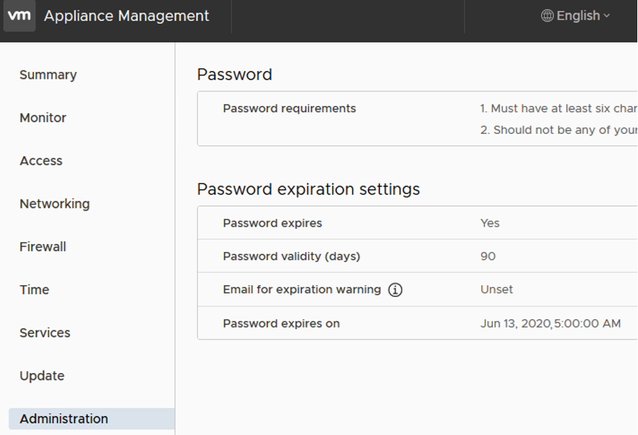 vCSA Appliance Management - Password expiration settings