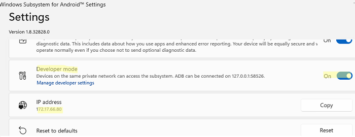 Windows Subsystem for Android enable debug mode