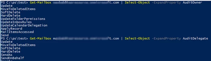Get-Mailbox AuditOwner, AuditDelegate, AuditAdmin