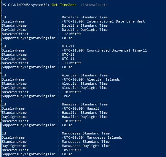Get-TimeZone ListAvailable
