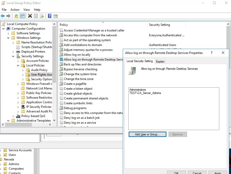 group policy: Allow log on through Remote Desktop Services 
