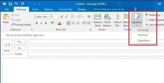 inssert signature in outlook 2016 manually