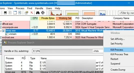 kill vmwp.exe hyper-v vm worker process with proc explorer