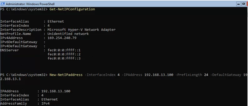 New-NetIPaddress: windows server core set IP address using PowerShell 