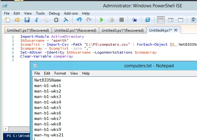 powershell script to restrict ad logonworkstations