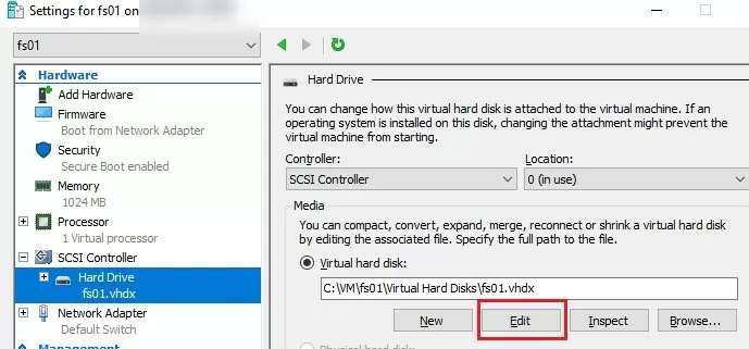 resize virtual disk on hyper-v