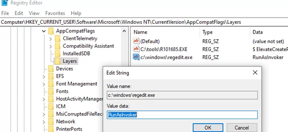 RunAsInvoker app parameter via the registry