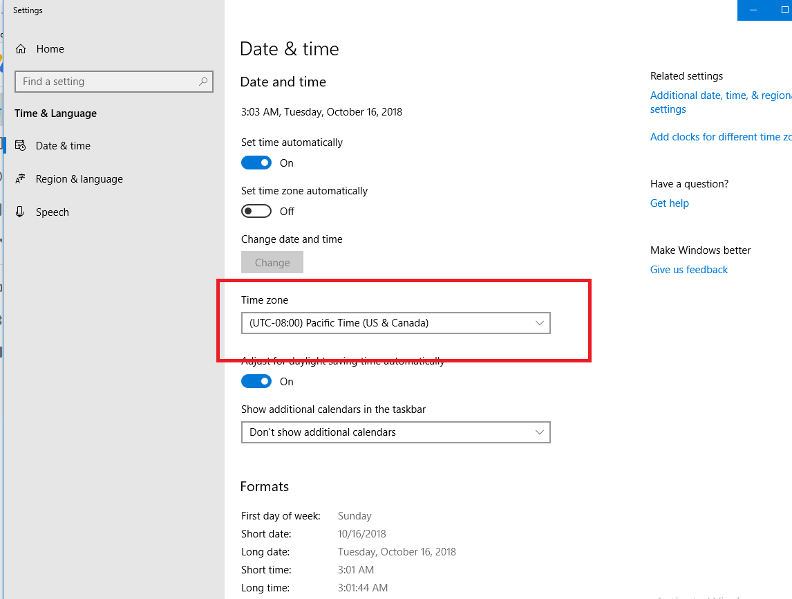 time zone settings app in windows 10 