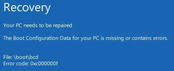 windows 10: boot bcd error 0xc000000f